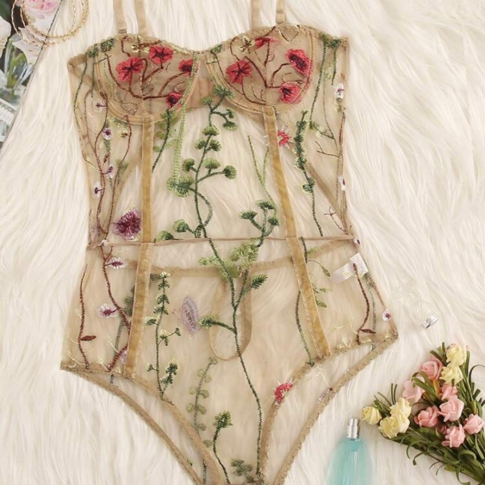 Floral Embroidered Mesh Underwire Teddy